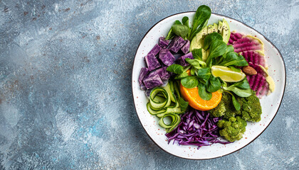 Healthy vegetarian bowl vegan salad with sweet potatoes, broccoli, avocado, purple cabbage, cucumber, watermelon radish and almonds. Clean eating, dieting food concept. top view
