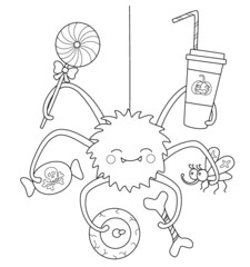 Cute Spider hanging on cobweb. Halloween character. Vector illustration. 