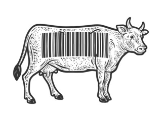 cow with barcode sketch engraving raster illustration. T-shirt apparel print design. Scratch board imitation. Black and white hand drawn image.