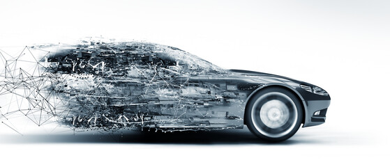 speeding car disintegrating, 3d render - obrazy, fototapety, plakaty