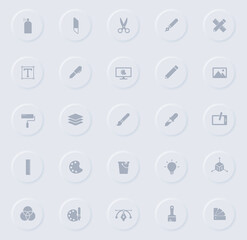 art and design gray glyph icons on round rubber buttons. art and design vector icons for web, mobile apps, ui design and promo business polygraphy