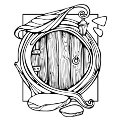 Cartoon Wooden and Stone Round Door Outline Doodle. Fairy Door Coloring book Vector Illustration