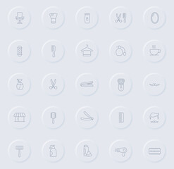 barbershop line gray icons on round rubber buttons. barbershop icon set for web, mobile apps, ui design and promo business polygraphy