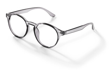 Eyeglasses in gray smoke bright color in transparent plastic. Eyewear side view with shadow. Trendy...