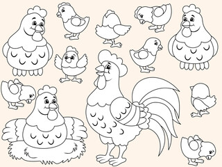 Farm poultry, hen, rooster and chicks in different poses. Isolated animals for stickers. Children coloring book. © toricheks