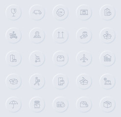 delivery line gray icons on round rubber buttons. delivery icon set for web, mobile apps, ui design and promo business polygraphy