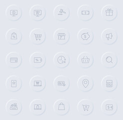 e commerce line gray icons on round rubber buttons. e commerce icon set for web, mobile apps, ui design and promo business polygraphy