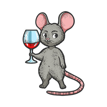 cartoon mouse with glass of wine color sketch engraving raster illustration. T-shirt apparel print design. Scratch board imitation. Black and white hand drawn image.