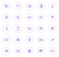 media purple color outline icons on light round buttons with purple shadow. media icon set for web, mobile apps, ui design and print