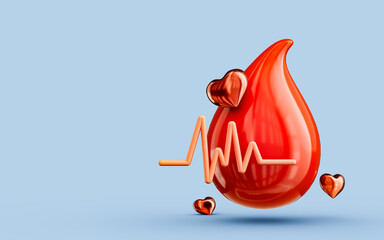 Blood drop rhythm icon with small heart 3d render concept for world blood donation day to save life - obrazy, fototapety, plakaty