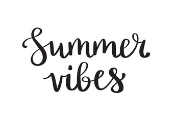 Fototapeta premium Summer vibes hand written calligraphy. Holiday postcard or poster template, vector illustration
