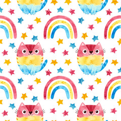 Rainbows, cats and stars - seamless pattern. Watercolor clipart