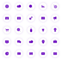 seo purple color silhouette icons on light round buttons with purple shadow. seo vector icon set for web, mobile apps, ui design and print