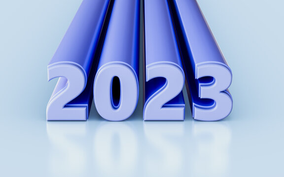 happy new year 2023 with blue and glass effect 3d render concept for event template design 