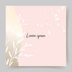 Pink gold square abstract background. Minimal floral elements and texture. Editable vector template for card, banner,  invitation, social media post, poster, mobile apps, web ads