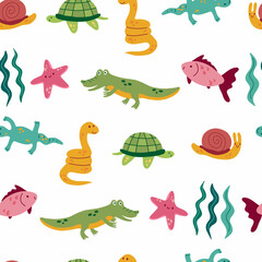 Cute animals seamless pattern. Simple cartoon crocodile, snake, snail, starfish, lizard, turtle. Baby childish tropic animal. Vector set illustration isolated ob white.
