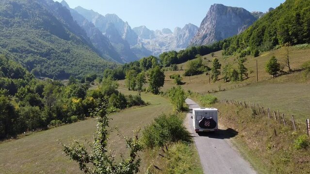 Motorhome (Camper Van) Driving to Prokletije National Park, Montenegro - Drone Aerial Dolly
