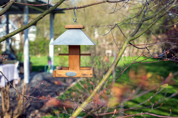 small wooden birdhouse hanging from a branch in a garden