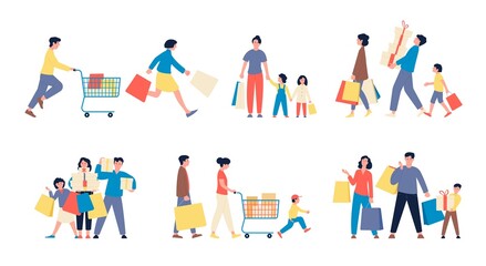 Family shopping. Consumers parents with kids holding shop bags and boxes with gift. Supermarket and boutuque fun customers, cartoon flat recent vector characters
