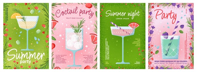 Drinks posters. Juice cover templates, summer party on pool or beach with fresh beverages. Healthy lifestyle, swanky creative menu vector cards