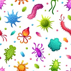 Microbes pattern. Cartoon microbe and infectious viruses background, flat infection cells and bacteria. Garish germ or microorganism vector seamless texture