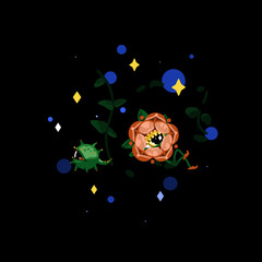 Bizarre rose flower pixie and ball with prickles. Humanoid cute characters. Vector illustration on black background - 500922750