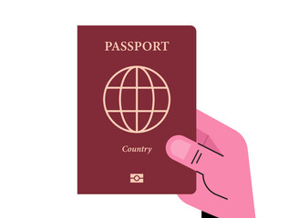 Human hand holding international passport and journey identity flat vector illustration.