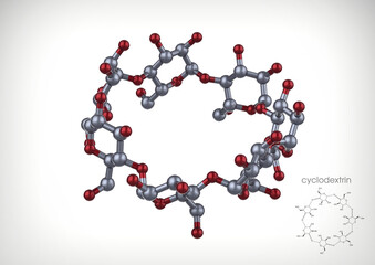 Molecular structure of cyclodextrin. 3d rendering of cyclodextrin. Composed of glucose molecules. Used in pharmaceutical, food, deodorant products...
