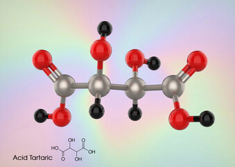 3d illustration of tartaric acid structure. Tartaric acid is a white, naturally occurring, crystalline organic acid. 