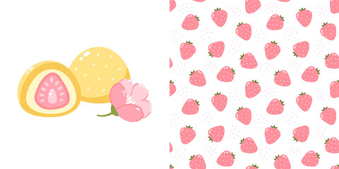Mochi with strawberry filling. Vector illustration of Japanese sweets and desserts. Kawaii print and seamless pattern - 500923504