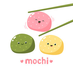 Cute mochi characters. Vector illustration of Japanese sweets and desserts. Kawaii print. Isolated on white background