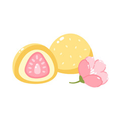 Mochi with strawberry filling. Vector illustration of Japanese sweets and desserts. Kawaii print. Isolated on white background