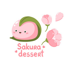 Cute sakura mochi character. Vector illustration of Japanese sweets and desserts. Kawaii print. Isolated on white background