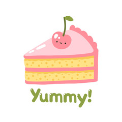 Cute vector illustration of cake with cherry. Kawaii print. Isolated on white background