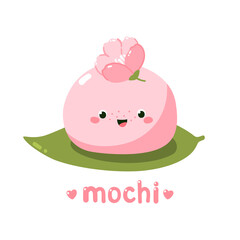 Cute sakura mochi character. Vector illustration of Japanese sweets and desserts. Kawaii print. Isolated on white background