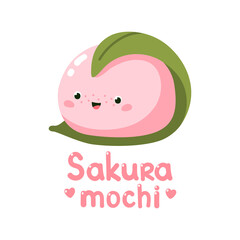 Cute sakura mochi character. Vector illustration of Japanese sweets and desserts. Kawaii print. Isolated on white background