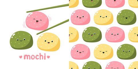 Cute mochi characters. Vector illustration of Japanese sweets and desserts. Kawaii print and seamless pattern