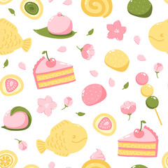 Vector seamless pattern with Japanese sweets and desserts. Mochi, dango, cake