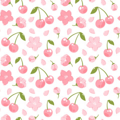 Spring vector seamless pattern with sakura and cherry fruits - 500923526