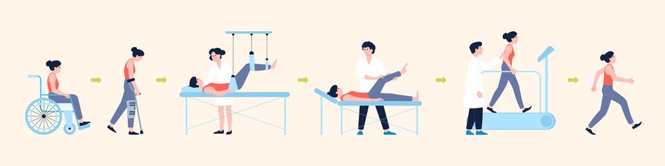 Injury rehabilitation. Medical person work with patient. Gym after injury in hospital, recovery exercise. Sport therapy in clinic, recent vector concept