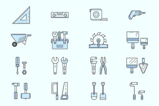 Construction and repair Icons set - Vector color symbols of wrench, saw, drill, screwdriver, shovel and other tools for the site or interface