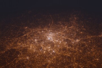 Aerial shot of Liege (Belgium) at night, view from south. Imitation of satellite view on modern city with street lights and glow effect. 3d render