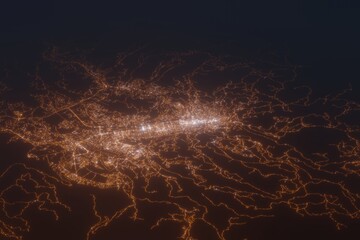 Aerial shot of Sarajevo (Bosnia) at night, view from south. Imitation of satellite view on modern city with street lights and glow effect. 3d render