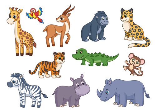 Cartoon exotic animal. Safari animals, monkey, lion and giraffe. Zoo life, garish exotic wild cute characters. Baby wildlife, hippo, zebra and tiger vector kit