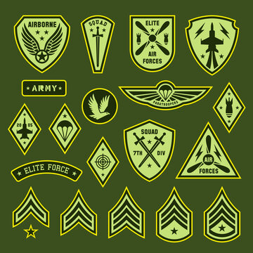 Army badges and patches. United elite forces, military emblems with wings. Soldier ranking chevron, air force war tags. Typography or textile tidy vector templates