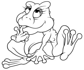 Drawing of a Sitting Pensive Frog - Cartoon Illustration Isolated on White Background, Vector