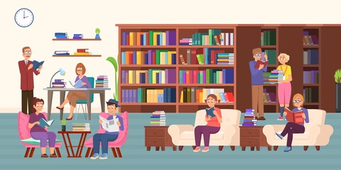Student in library. Teenager study and people reading books. Cartoon man woman holding books, community in coworking area or classroom. Bookstore decent vector scene