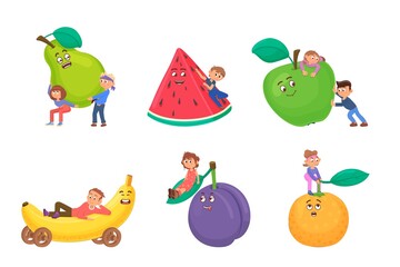 Kids play with big cartoon fruits. Happy characters, baby meals fresh food. Children holding banana, apple, orange and watermelon slice, decent vector set