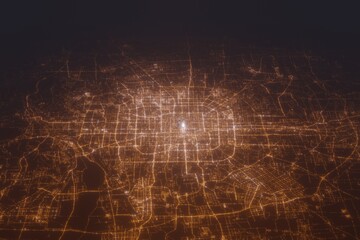 Aerial shot of Beijing (China) at night, view from south. Imitation of satellite view on modern city with street lights and glow effect. 3d render