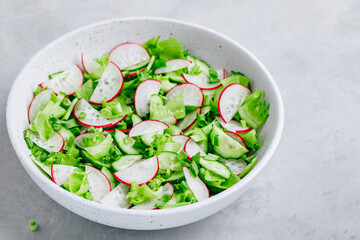 Spring vegetable salad. Fresh radish cucumber salad with green lettuce in bowl